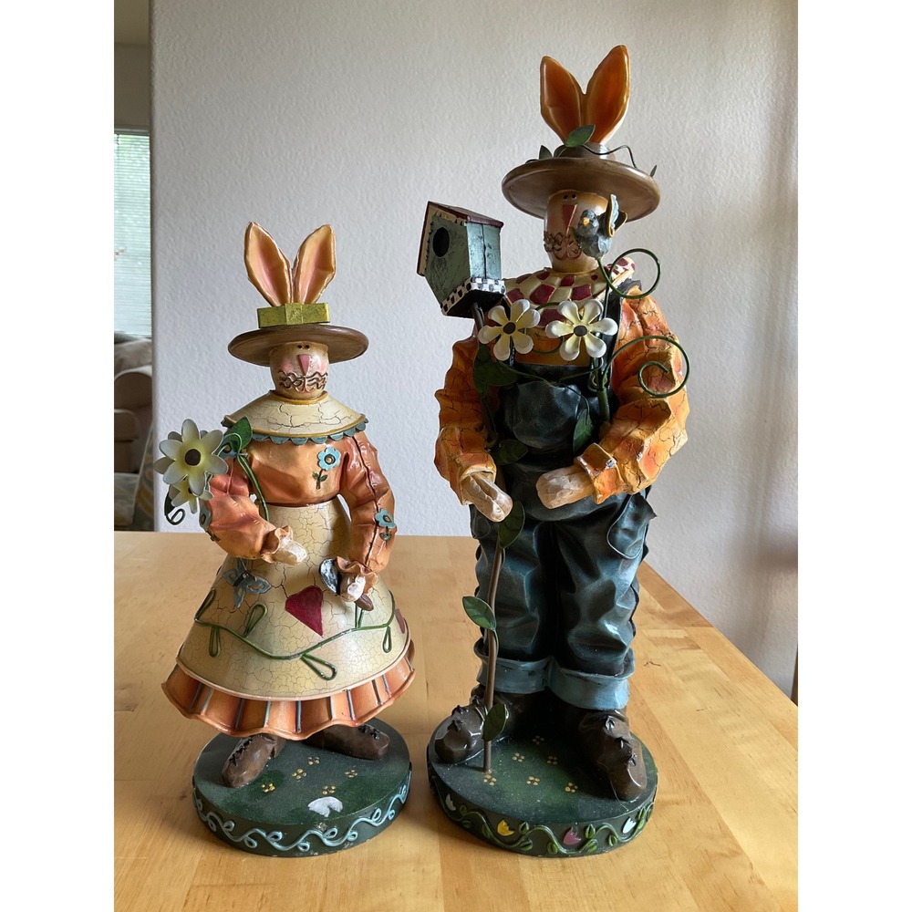 Vintage Style Easter Bunny Figurine Set Folk Art Rustic Spring Decor 18‎ Inch